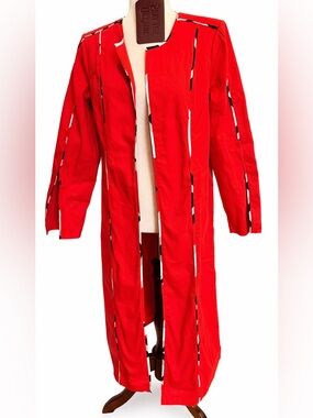 Ashro Red Long Trench Coat with Vertical Cutout Stripes